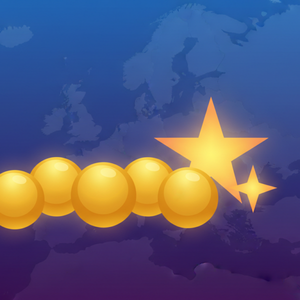 Flat-style editorial illustration representing the EuroMillones European lottery concept: five stylized golden lottery bal...