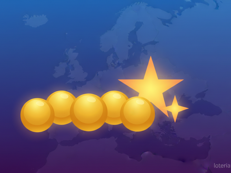 Flat-style editorial illustration representing the EuroMillones European lottery concept: five stylized golden lottery bal...